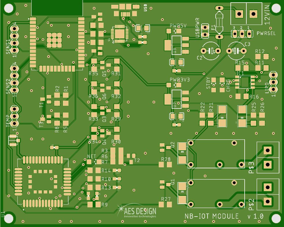 Layout view of an NB-IoT module board showing sensor inputs, power stage and relay outputs